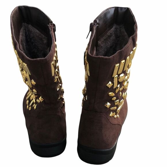 Joan Boyce Women’s Ankle Brown Gold Bedazzled Boots Size 7 Cognac Suede - Picture 11 of 13